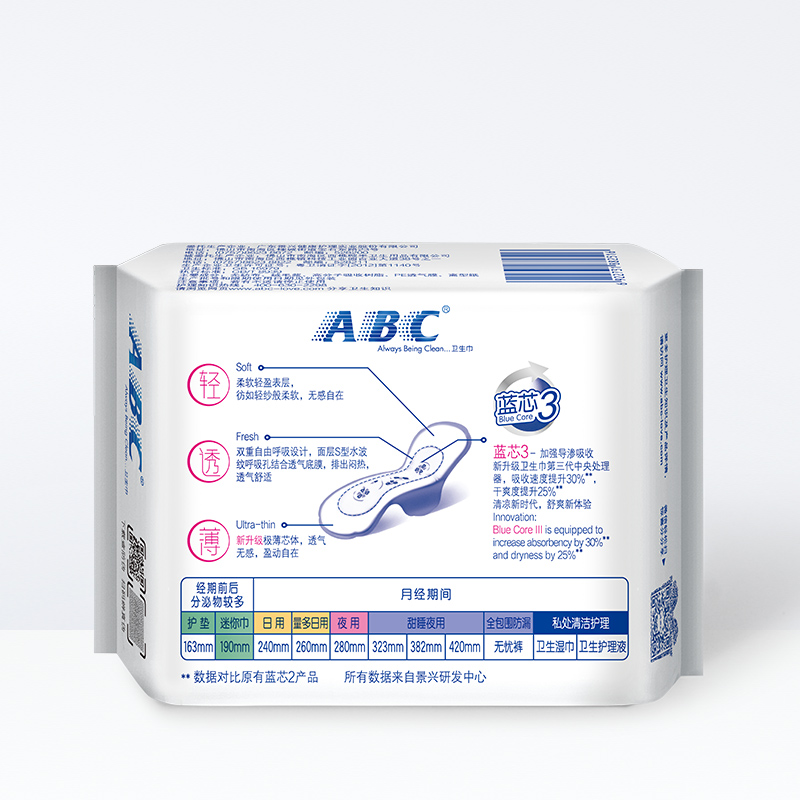 ABC 卫生巾日用mini巾超薄棉柔迷你巾3包24片装护垫 带护翼防漏姨妈巾 3xK53高清大图