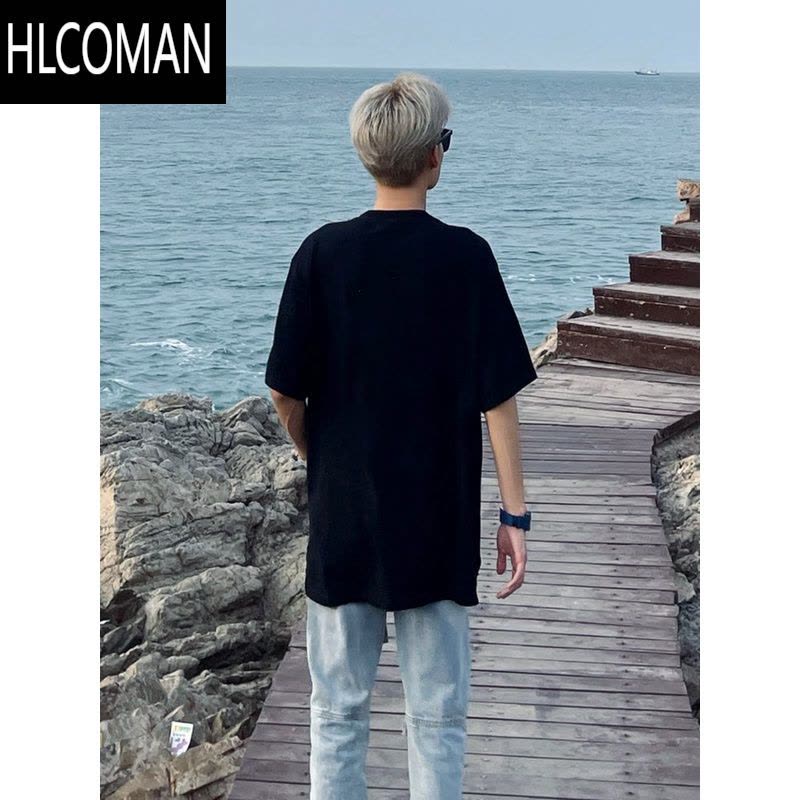 HLCOMAN夏季美式新款网红半袖t恤男ins潮牌黑色百搭短袖印花圆领宽松体恤图片