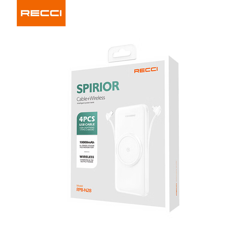 锐思RECCI[3C认证]自带四根线无线充电大容量移动电源可上飞机便携苹果安卓通用 RPB-N28黑色 10000mAh高清大图
