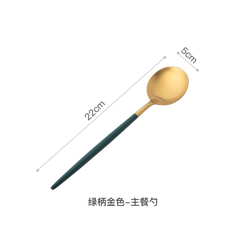北欧网红ins陶瓷汤碗创意大号汤盆烘焙精灵 双耳碗带盖日式泡面碗家用餐具 黛绿+金色-主餐勺