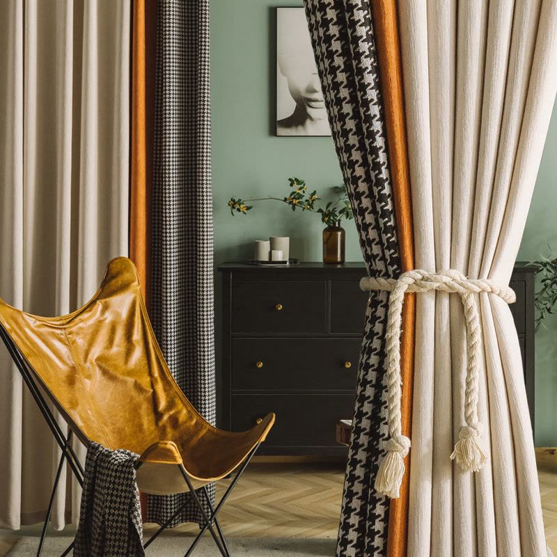幸福派 遮光窗帘千鸟格北欧简约现代挂钩雪尼尔窗帘打孔窗帘飘窗客厅帘子遮阳布纯色拼色轻奢卧室挂钩窗帘图片