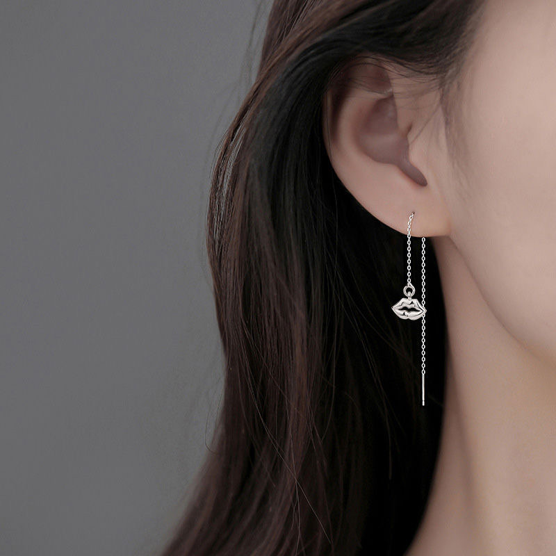 s925纯银嘴唇耳线女简约时尚长款流苏耳坠高级感气质耳链百搭耳环送女朋友老婆情人节七夕生日礼物