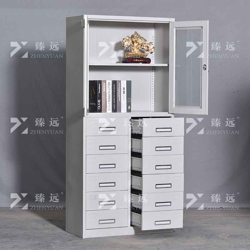 臻远ZY5011010钢制矮柜抽屉柜多抽资料柜储物收纳柜 上玻十二斗器高清大图