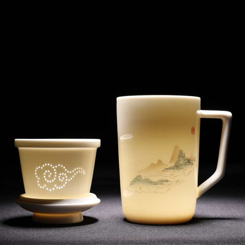 鼎亨千里江山德化白瓷中式茶杯陶瓷过滤带盖办公室泡茶杯茶水分离