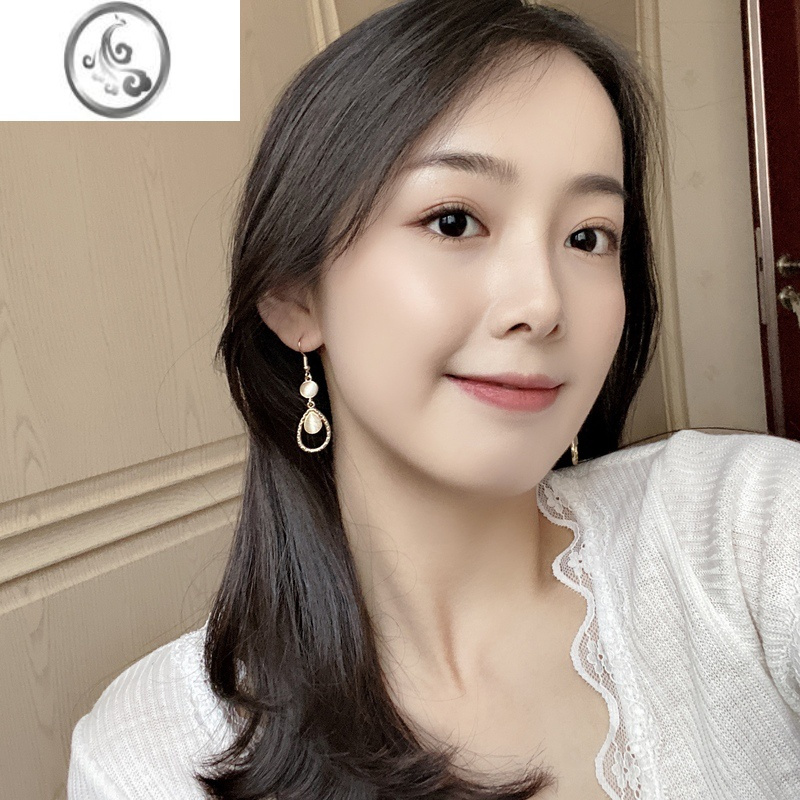 JiMi显脸瘦2022夏季猫眼石女韩国气质百搭个性长款复古耳坠无耳洞耳夹