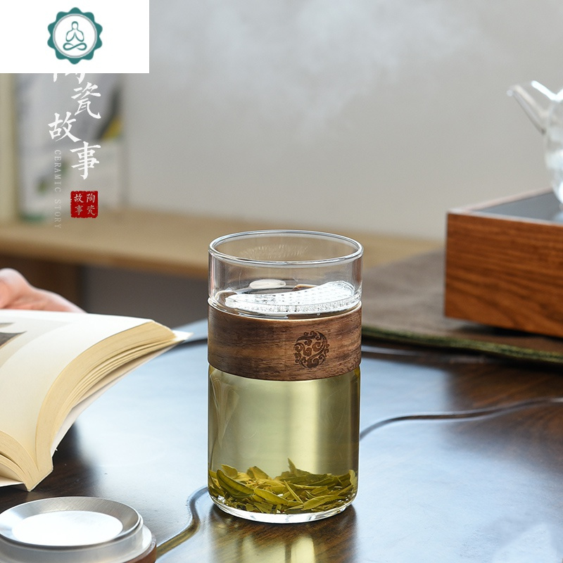 个人杯水杯玻璃办公室过滤带盖茶杯茶水分离杯子锤纹月牙绿茶杯 封后