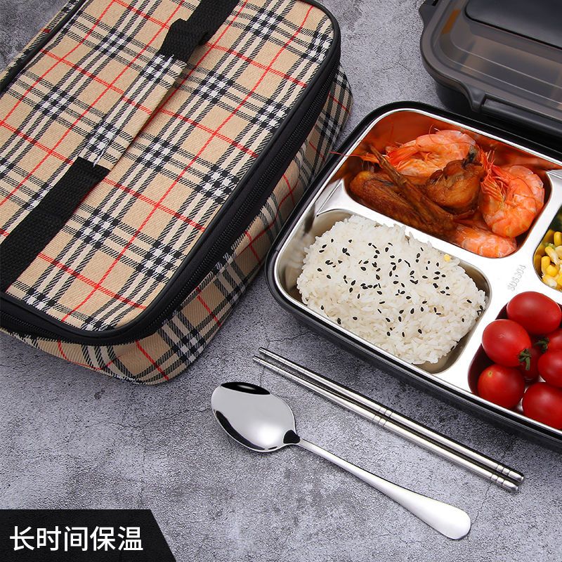 单个装[无餐具] 黑色4格[送餐具]1200mL 304不锈钢保温饭盒学生女韩版分格餐盒成人带盖便当盒微波炉加热
