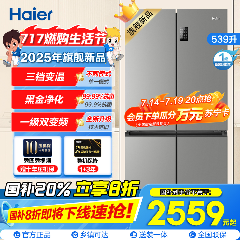 海尔(Haier)539L大容量三档变温黑金净化一级双变频WIFI智能联网旗舰新品 BCD-539WGHTDEDH9U1