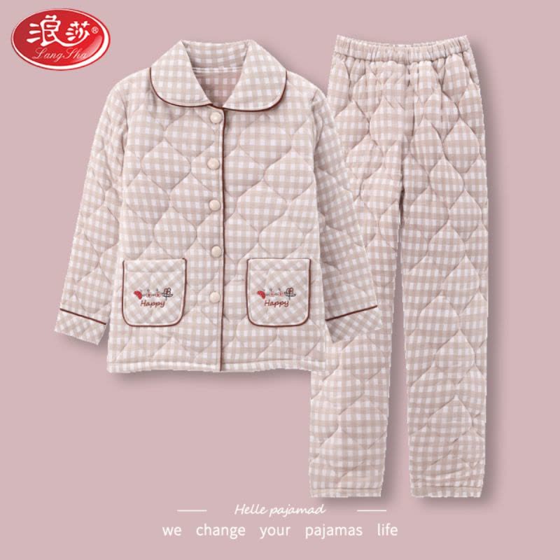 浪莎夹棉睡衣女冬季三层加厚夹棉袄大码保暖开衫可外穿家居服套装图片