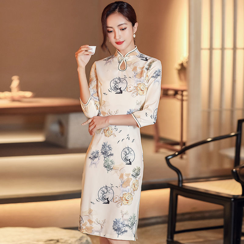 calfland新款旗袍年轻中国风改良款中年妈妈装复古旗袍裙报价_参数_图