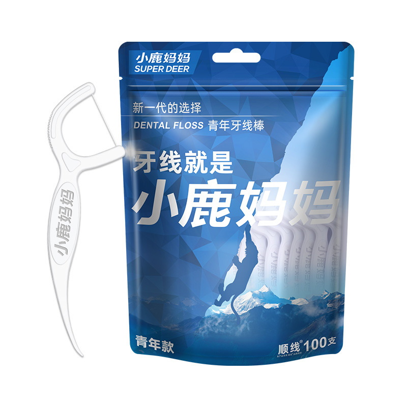 小鹿妈妈牙线棒便携随身牙线盒剔牙签线 青年款100支 立式袋 2袋