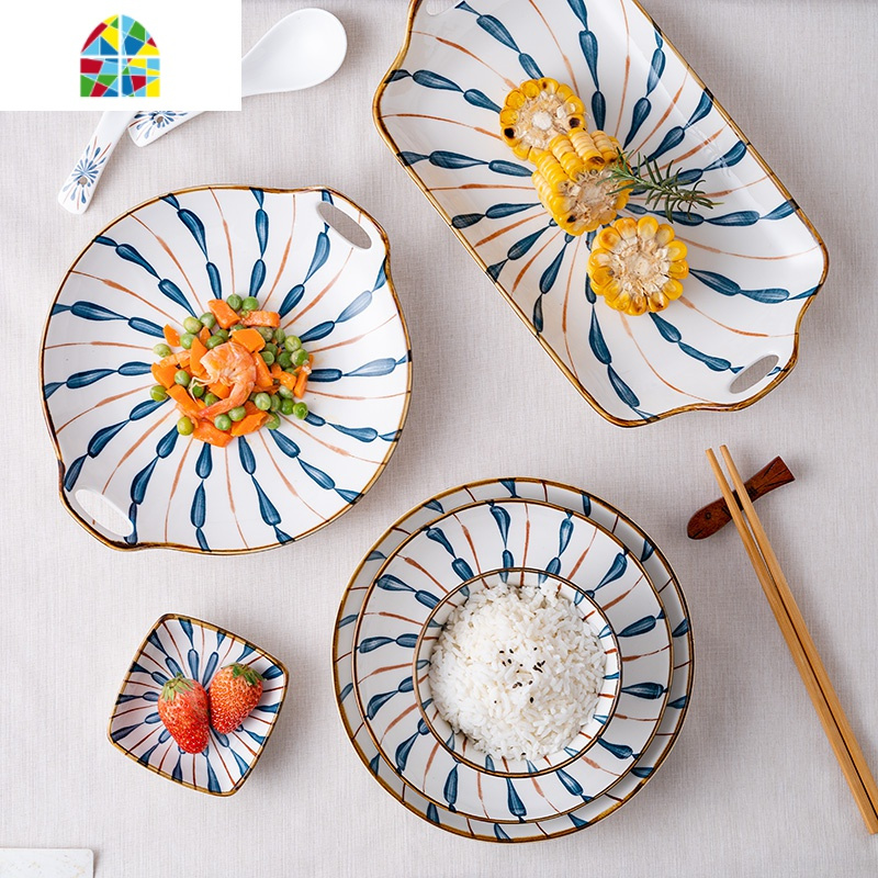 日式陶瓷餐具碗碟套装家用套碗吃饭碗菜盘创意釉下彩碗盘碗筷组合feng