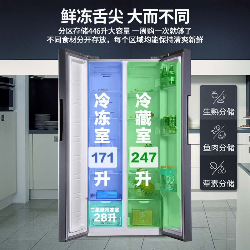 双鹿446升对开门冰箱 二星级冷冻室 节能双变频 风冷无霜一级能效 节能低噪 大容量双开门电冰箱BSE446PWS星墨青高清大图