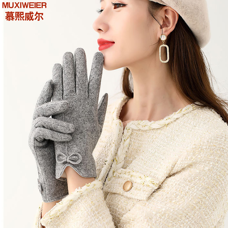 慕熙威尔2021新品女士手套毛线秋冬季纯色可爱女式手套韩版学生保暖开车骑车触屏手套女中厚秋季款 灰色