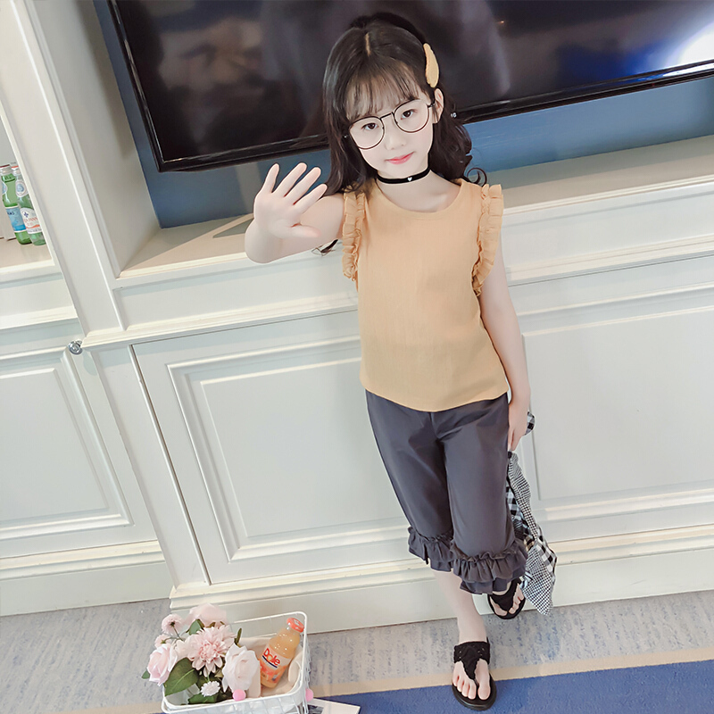 童装女童套装2018夏装儿童洋气棉麻七分裤两件套小女孩潮衣服ljq