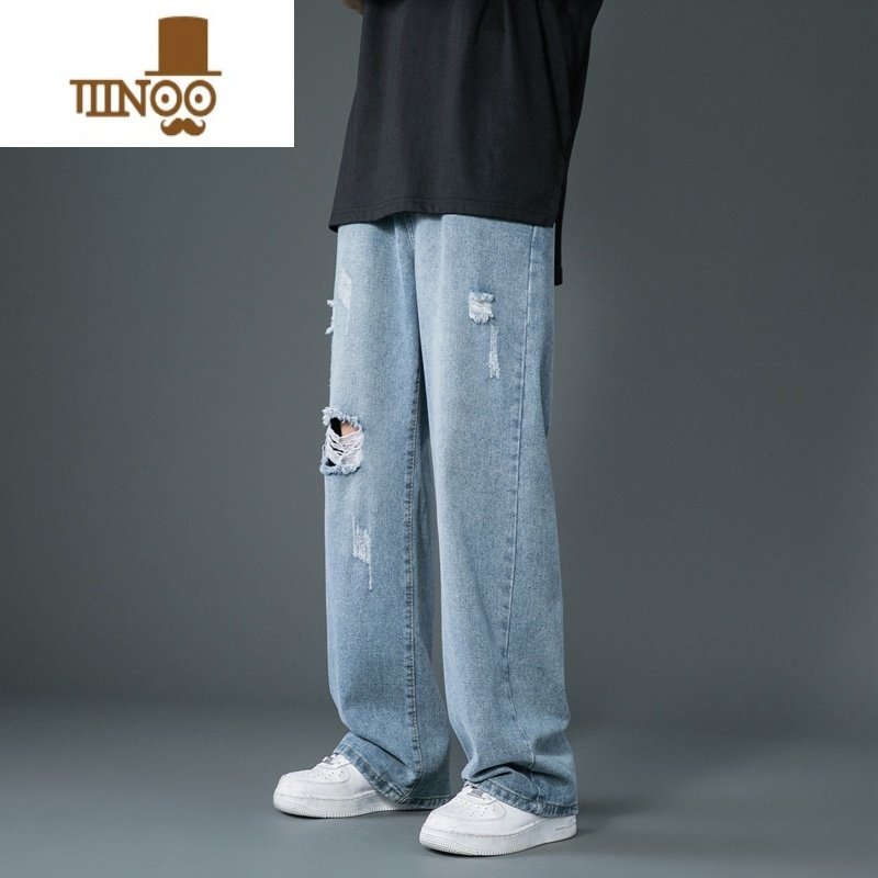 YANXU夏季新款破洞牛仔裤男士复古水洗宽松冰氧阔腿裤直筒高街ins潮i高清大图