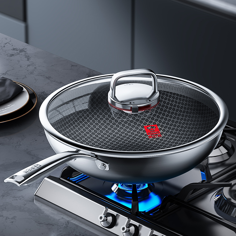 康巴赫0氟蜂窝炒锅套装32cm（带304铲勺、蒸笼）高清大图