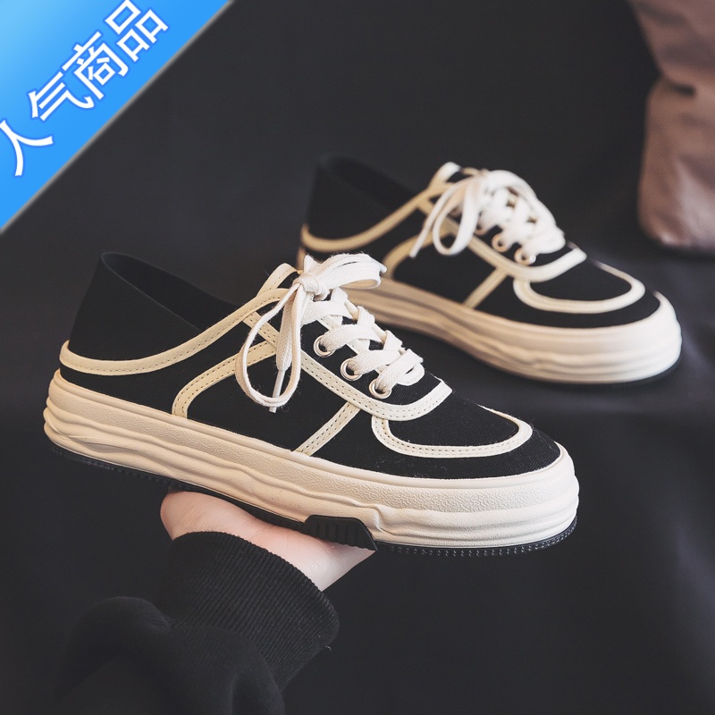 SUNTEKddoo夏季半拖帆布鞋女款2023新款夏款懒人一脚蹬踩跟布鞋黑色板鞋高清大图