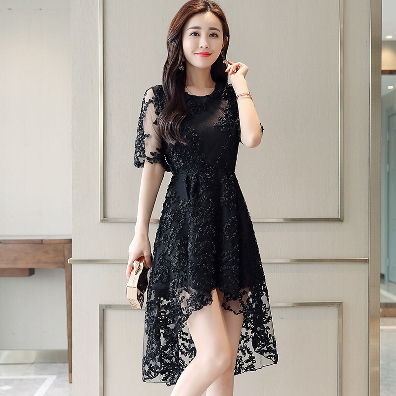 黑色蕾丝连衣裙女2018新款夏中长款前短后长收腰裙子性感修身气质