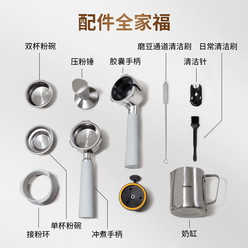 飞利浦(PHILIPS)咖啡机双子星意式半自动家用胶囊咖啡机研磨一体机磨豆机现磨复刻手冲PSA2218/00高清大图