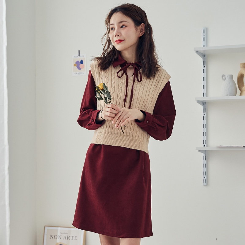 唐狮女时尚韩版温柔气质马甲配连衣裙潮