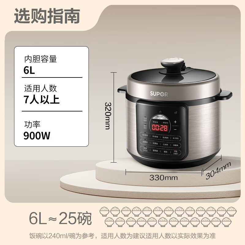 苏泊尔电压力锅SY-60YC505Q 6L双内胆球釜 一键排气 24H预约 液晶触摸 防水面板 咖啡色圆形设计 900W大功率 7-9人适用高清大图