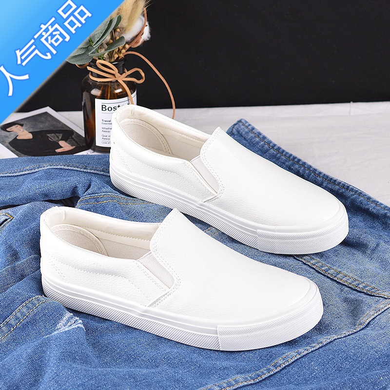 SUNTEK2023新款夏季百搭皮面小白鞋女鞋一脚蹬套脚情侣款纯白男式懒人懒高清大图