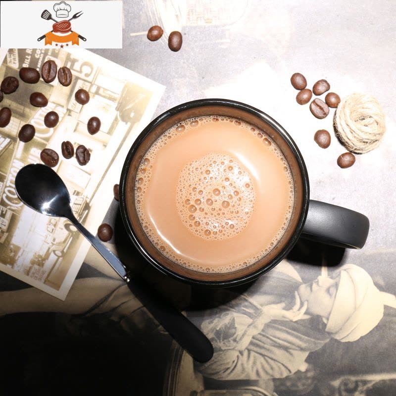 欧式陶瓷黑色哑光大容量马克杯子创意简约磨砂咖啡杯带勺水杯 敬平图片