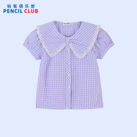 [1件3.5折]铅笔俱乐部2025年夏装新款女童衬衫儿童格子瑚蝶领衬衣中大童上衣