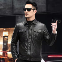 海宁真皮皮衣男士羽绒服头层牛皮油蜡皮短款翻领机车外套加绒脱卸_451 5XL定做不退换 黑色单款