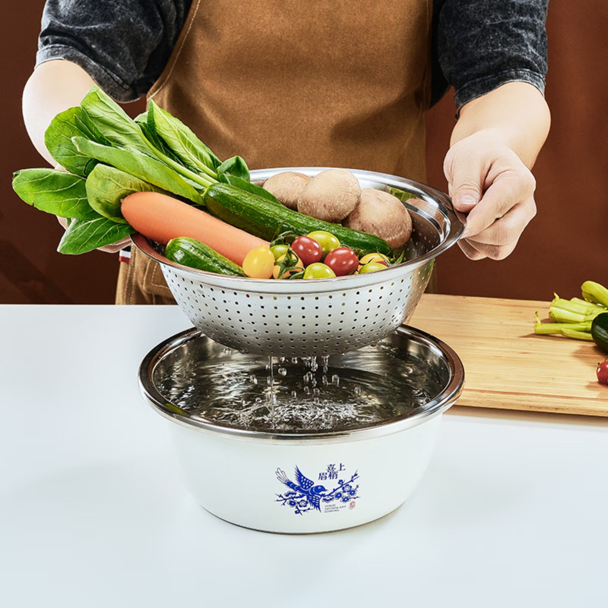 LUVHOO 悦礼·料理盆套装LH-GJ33 不锈钢淘米沥水篮洗菜盆两件套高清大图