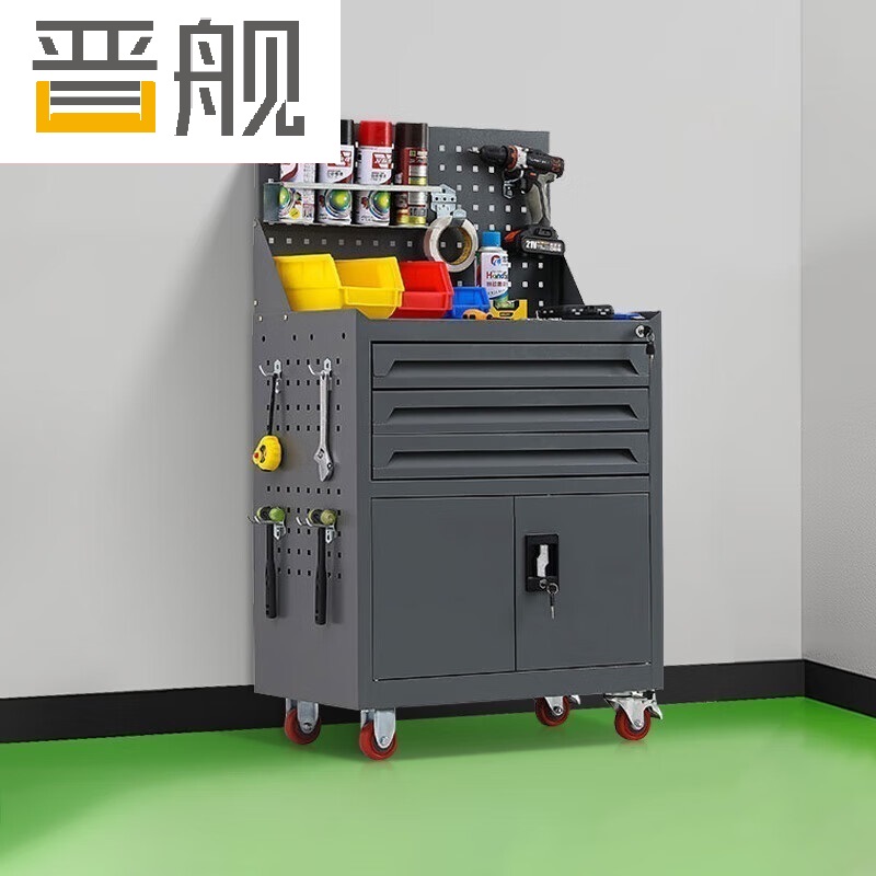 晋舰工具车移动维修收纳柜工具架多功能工具箱五金工具柜深灰三抽带网高清大图