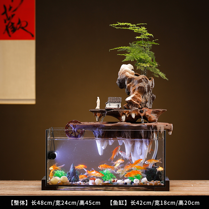 创意免换水生态玻璃鱼缸造景假山流水摆件循环水客厅办公室装饰品