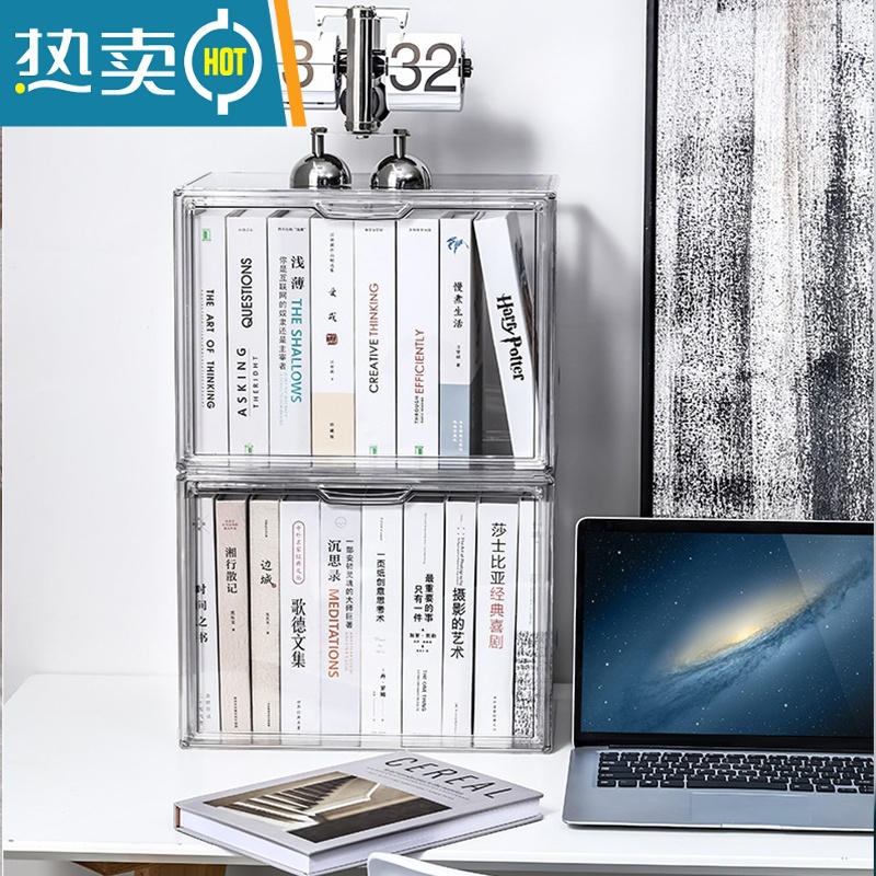 XIANCAI学生书本收纳箱可叠加透明防尘桌面宝宝绘本装书储物透明整理盒生高清大图