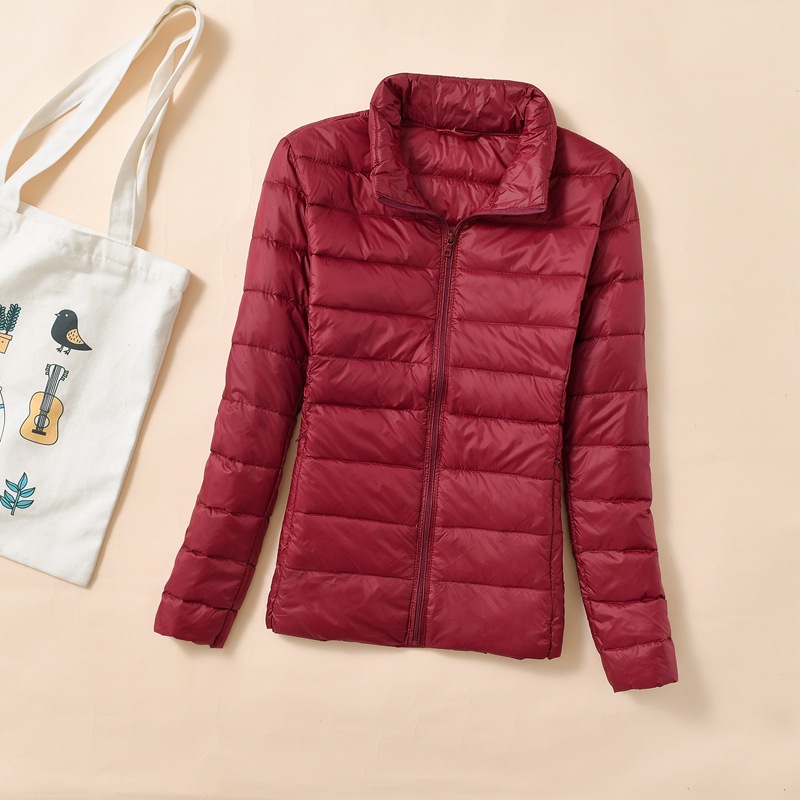 大码羽绒服女冬季新短款轻薄立领加厚保暖修身白鸭绒外套_647 酒红 3XL