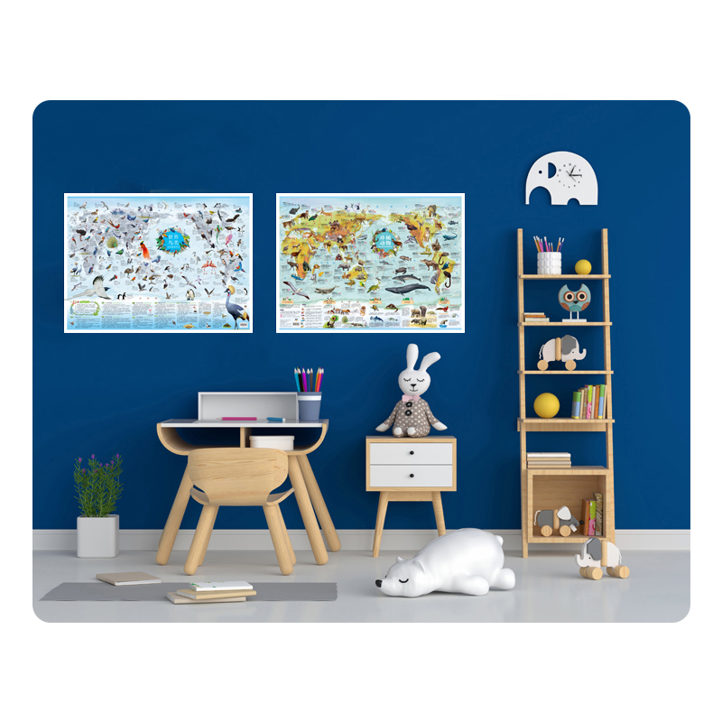 [正版]2张珍稀动物世界鸟类墙贴儿童房大尺寸少儿地图纸质版儿童地理启蒙知识卡通益智科普百科画小学生趣味地图 教孩子认识了高清大图