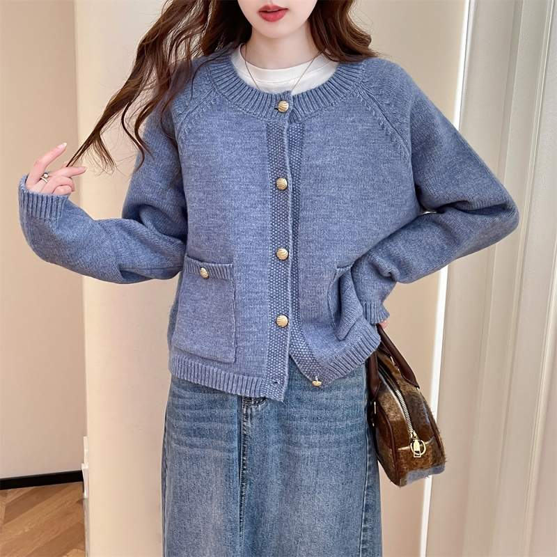 唐狮慵懒小香风圆领开衫女新款冬季蓝色毛衣外套慵懒高级感qd