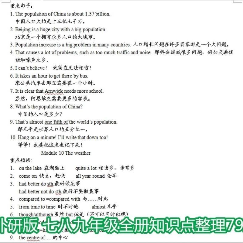 初中外研版英语知识点总结789七八九年级上下册知识点笔记本子 外研版全册知识点整理79页 拉杆夹装订