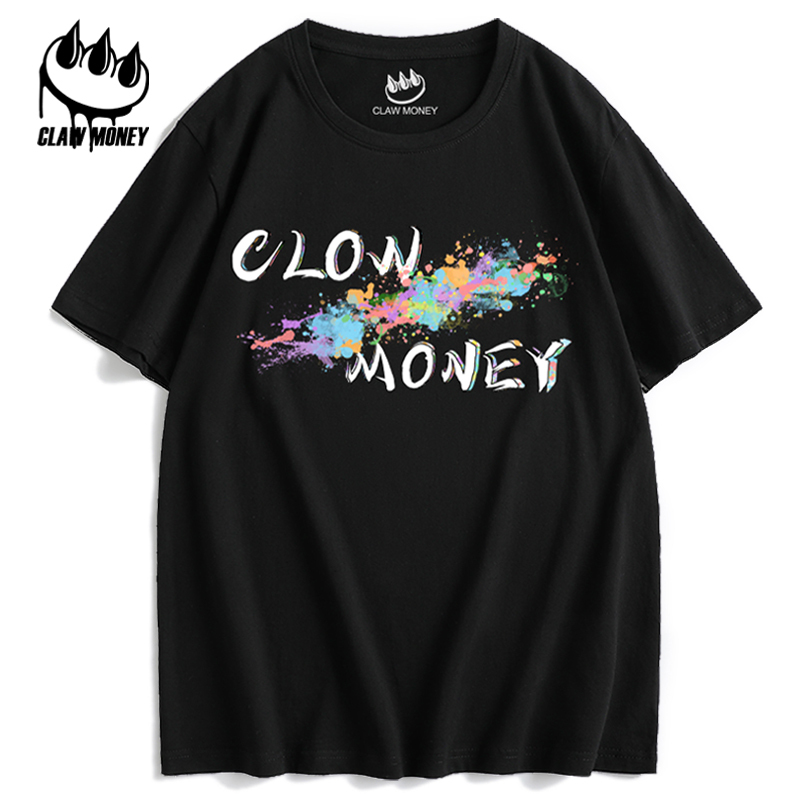 CLAW MONEY夏季男士短袖T恤男印花潮牌打底衫圆领宽松体恤半袖