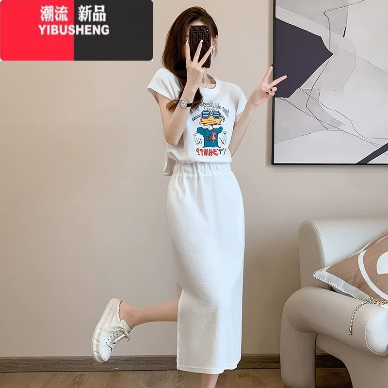 YIBUSHENG天衣服2024新款女连衣裙欧货减龄休闲长款收腰显瘦开叉T恤裙新 M建议95-105斤 白色