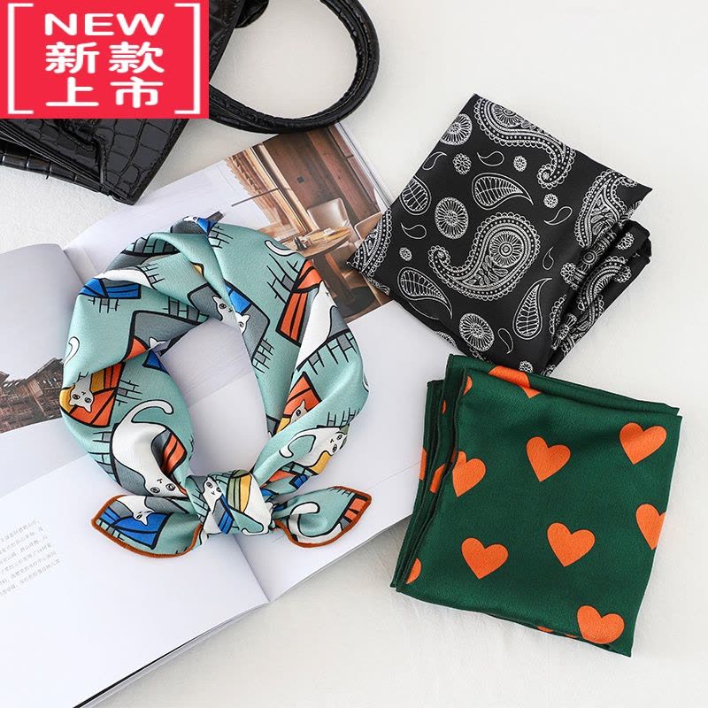 可莉允猫咪儿童可爱小方巾丝巾女百搭春秋纱巾薄围巾脖子搭配衬衫60x60毛巾图片