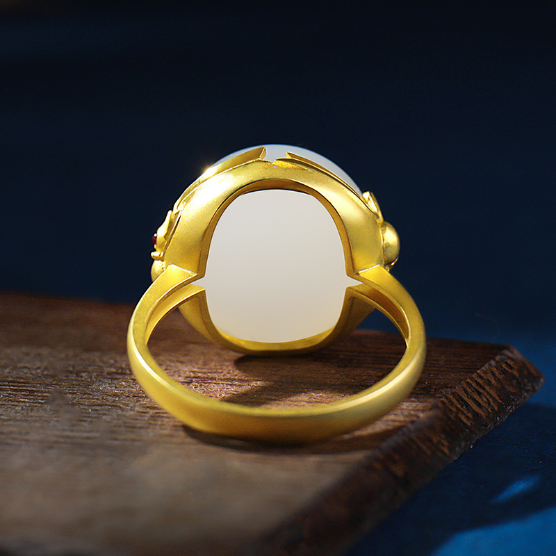 古法传承系列18k金镶和田玉戒指金葫芦镶白玉圆形蛋面女款孤品玉石