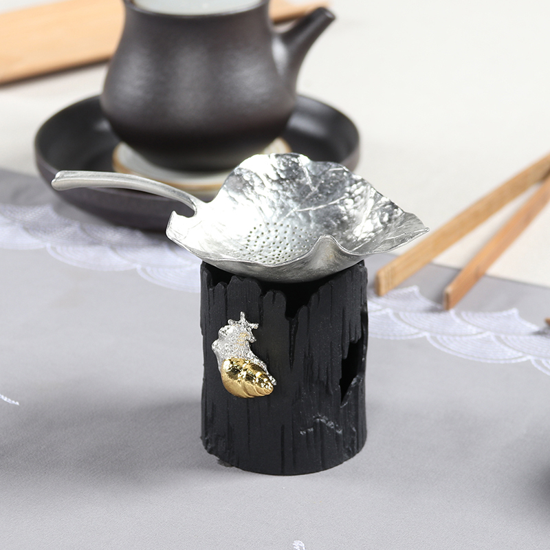 尚帝（shangdi）创意纯锡茶漏茶滤树叶过滤网零配茶托铜工艺茶隔托架 手工捶纹锡叶蜗牛座2件套