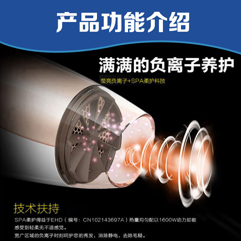 飞利浦(Philips) 电吹风机 BHC117/05 家用负离子养护吹风筒 1600w大功率可折叠 恒温护发3档调节