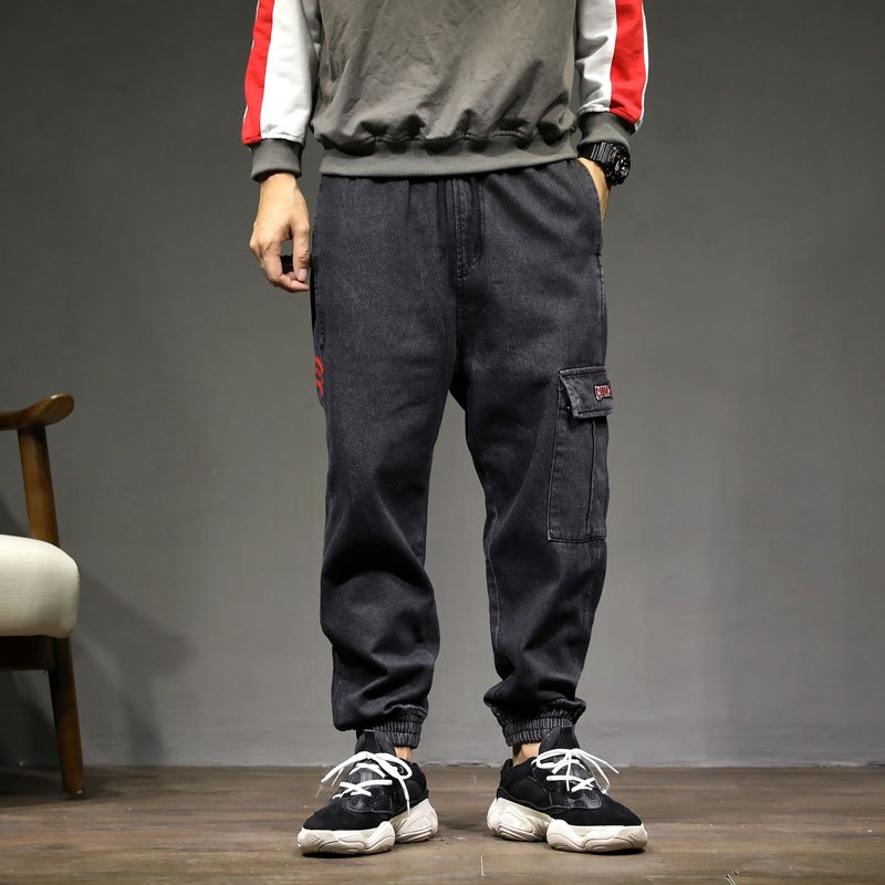 吉普战车2021年秋季新款男士牛仔裤宽松束脚哈伦裤男中青年大号牛仔裤男士中腰加大码胖子男装日系潮牌阔腿显瘦长裤-1