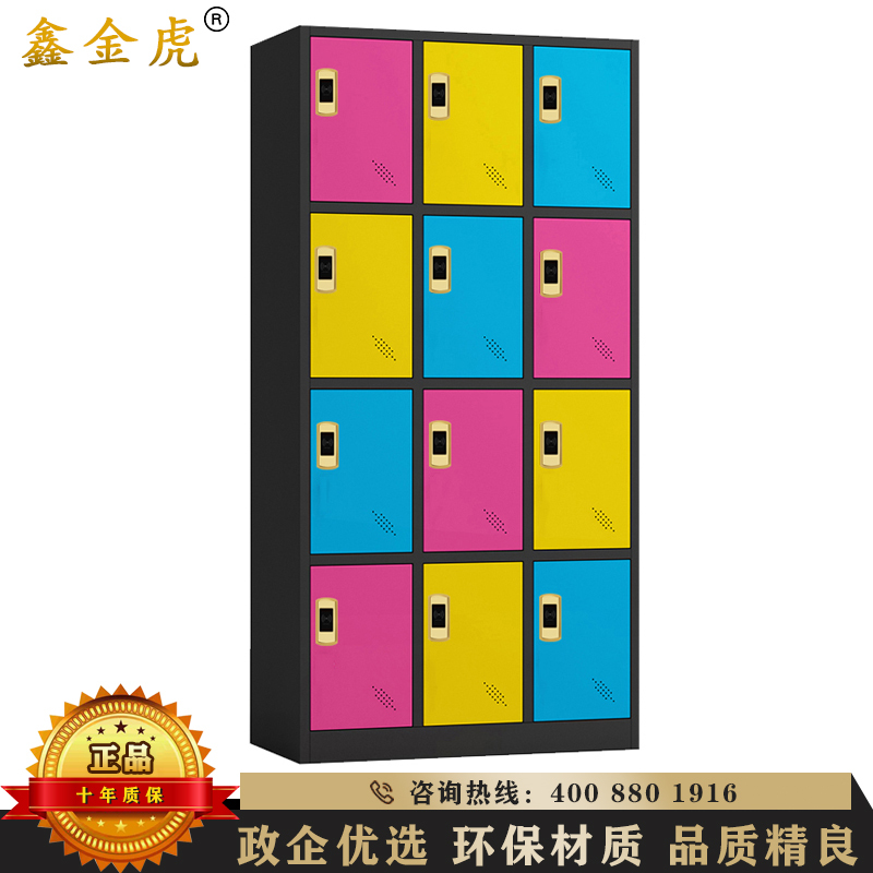 鑫金虎 钢制更衣柜彩色健身房储物柜带锁员工宿舍换衣柜铁皮衣柜家用十二门黑框彩