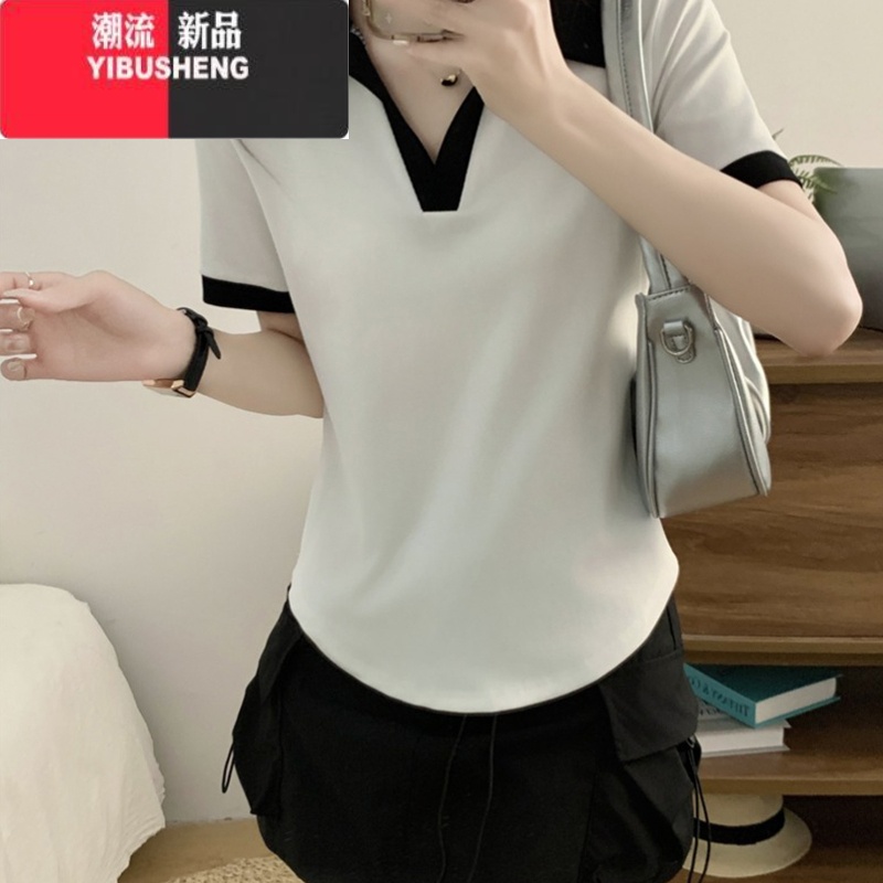 YIBUSHENG大码胖MM女装撞色v领短袖T恤女2024新款设计感美式复古正肩上衣 白拼黑优质款 2XL建议140-159斤