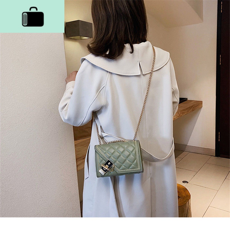 网红包包女斜挎百搭简约时尚质感菱格链条包韩版女学生单肩包小包NEWLAKE 抹茶绿中号长21高14厚8cm