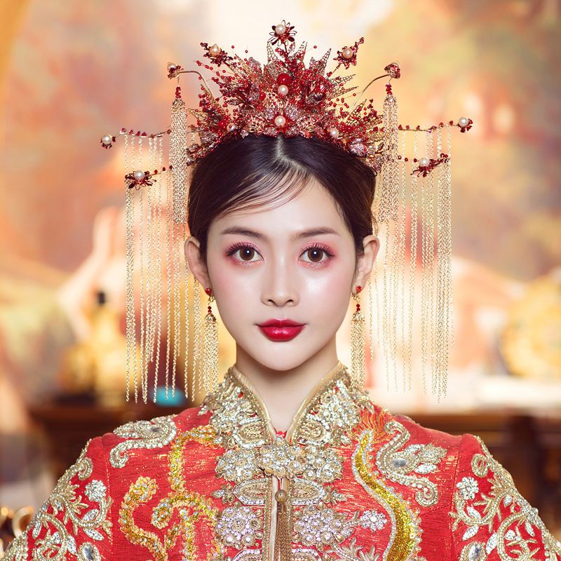 秀禾新娘古装头饰步摇流苏套装中式婚礼旗袍秀禾服古风凤冠发饰女t100