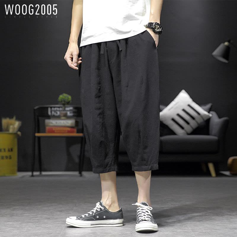 WOOG2005 2022夏季新款宽松七分裤男垮裤棉麻大码百搭工装短裤图片